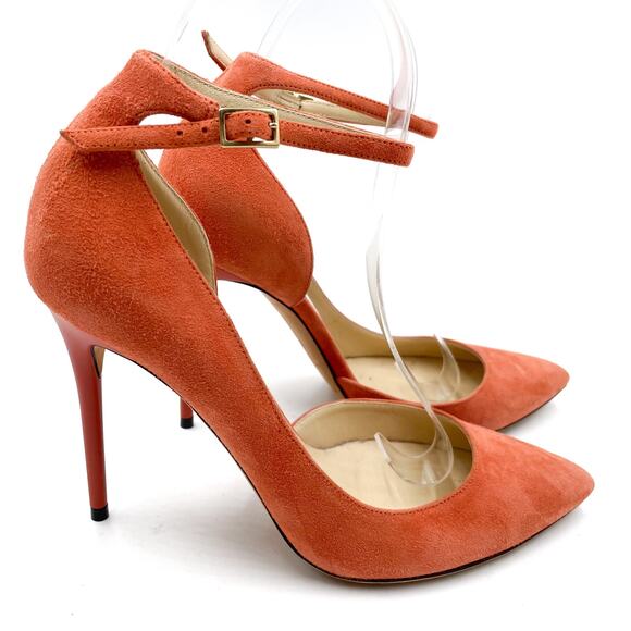 Jimmy Choo Lucy Pumps Peach Orange Suede Pointed Toe Ankle Strap Heels Sz 36 / 6 - Picture 1 of 9